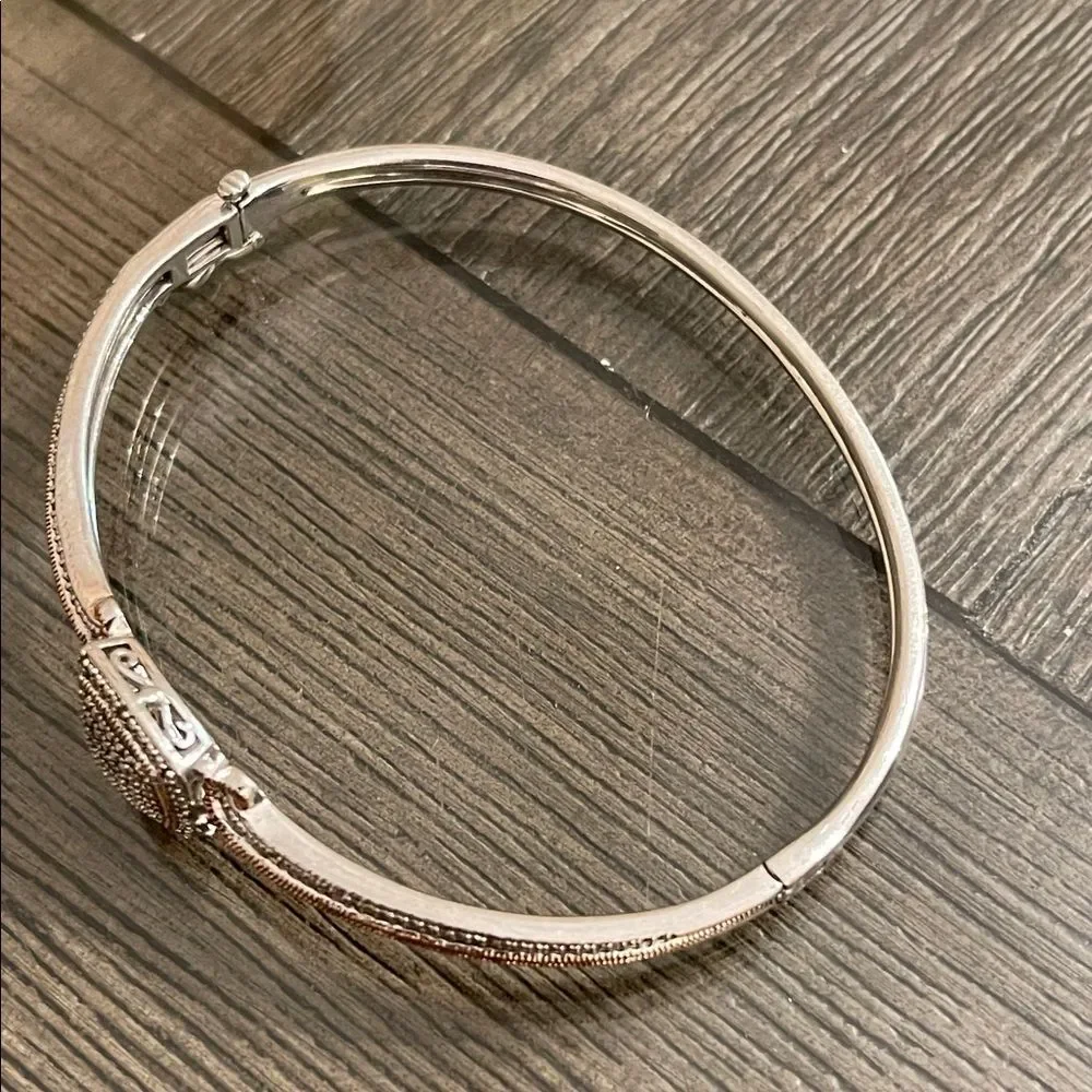 BR SUN Silver Plated Elegant Hinged Bangle Bracelet with Rose Gold Accents